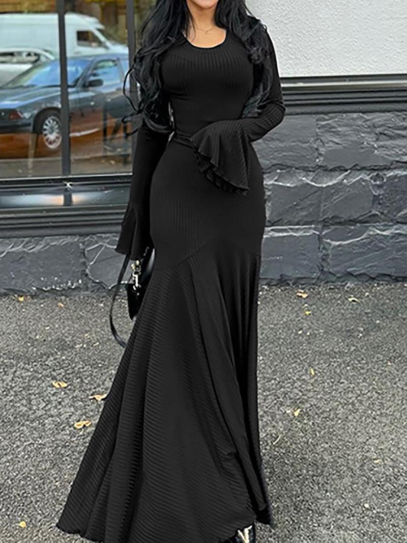 Product Introduction of Women's Plain Lace Up Flounce Sleeve Dress, Casual Round Neck Long Sleeve Maxi Dress for Spring & Fall, Women's Clothing for Daily Wear, Long Sleeve Dresses 5
