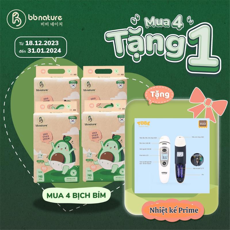 Tặng Nhiệt kế hồng ngoại Prime Bộ 4 bịch Tã quần dán BB Nature Sợi tre NB60 S56 M52 M48 L44 XL40 XXL38 Cho Bé Bỉm Quần