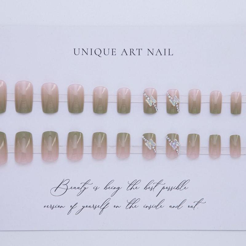 24pcs Ombre 3D Butterfly Decor Glitter Long Square Fake Nail, Press on False Nail For Women & Girls, Removable Nail Art Artificial Full Cover, Women Girls DIY Manicure 4