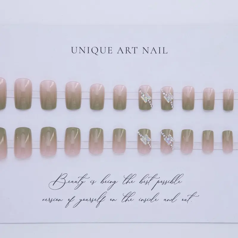 24pcs Ombre 3D Butterfly Decor Glitter Long Square Fake Nail, Press on False Nail For Women & Girls, Removable Nail Art Artificial Full Cover, Women Girls DIY Manicure 4