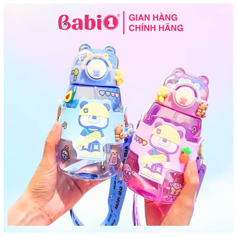 Bình Nước Cho Bé Babi1 Bình Uống Nước 600ml Cho Bé Đi Học Có Quai Đeo Tặng Kèm Sticker Dễ Thương 0