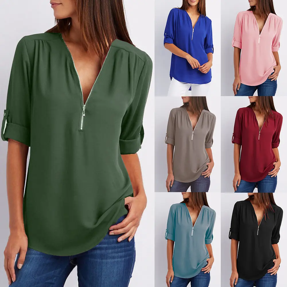 gngingy Casual Office Lady Sexy Solid Color Zipper V Neck Half Sleeve Shirt Loose Blouse