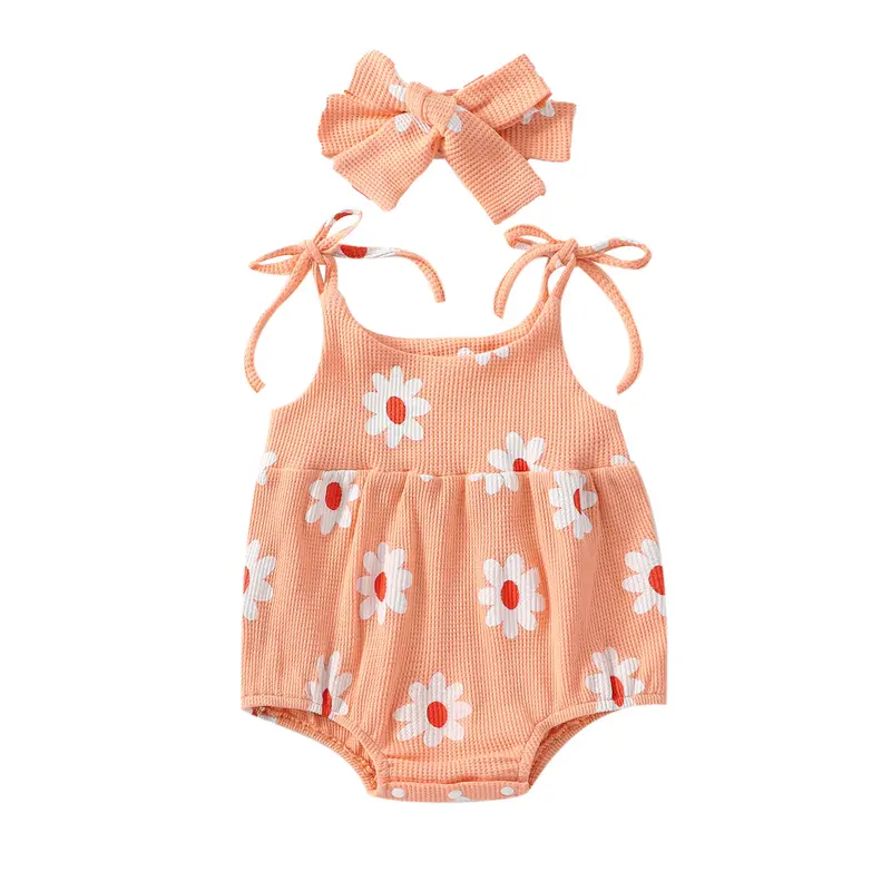 Bộ Áo Jumpsuit Quần Cho Em Bé Gái, Không Tay, In Hoa, Áo Liền Quần Và Băng Đô 0