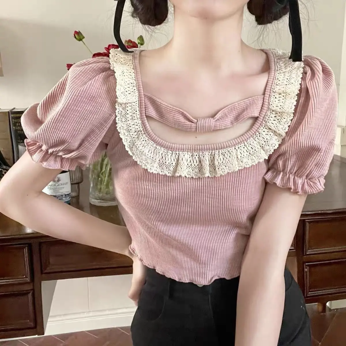 (in Stock) Summer Japanese Soft Girl Cute Lace Puff Sleeve Square Collar Top Female Student Loose All-Match Short Sleeve Female T-shirt Blouse Lingerie