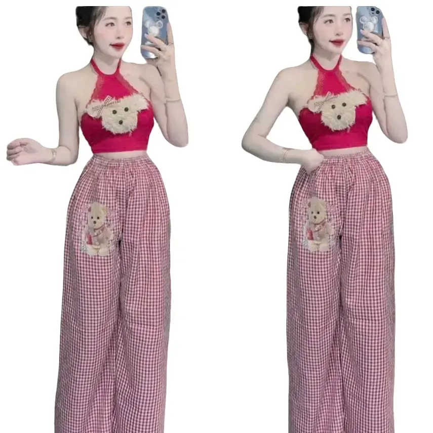 SÉT BỘ ÁO YẾM REN GẤU LÔNG PHỐI QUẦN SUÔN RỘNG CARO NỮ  Women