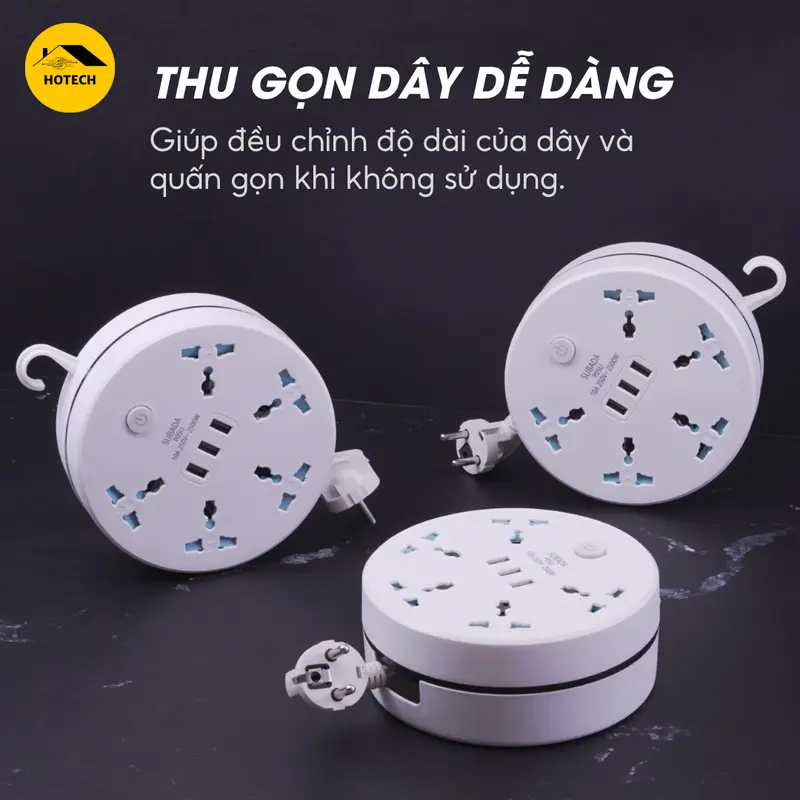 Ổ Điện Đa Năng Dây Rút Chống Giật An Toàn Hotech Chịu Tải 2500W 3 Cổng Usb Tiện Lợi Dây Dài 1,9 - 3,8M Quấn Gọn OD18H 4
