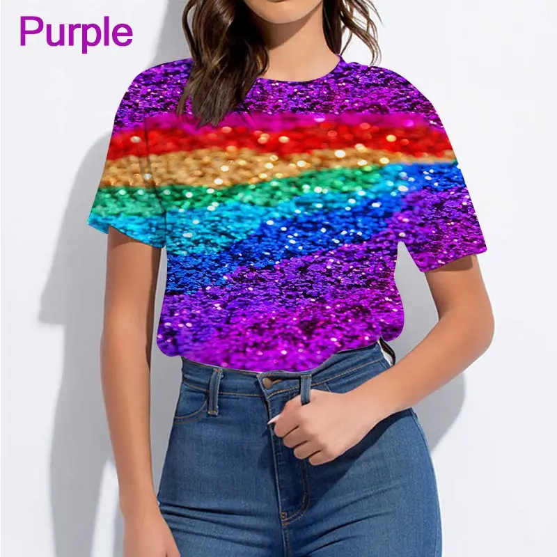 Summer fashion 3D diamond print short-sleeved women's T-shirt Bright T-shirt