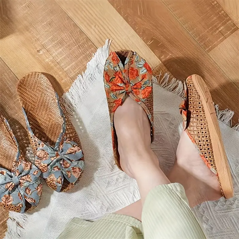 Breathable Linen Women's Slides - Casual Floral Pattern, Lightweight and Comfortable for Indoor and Outdoor Wear