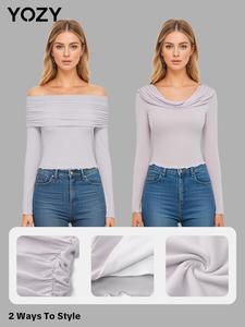 YOZY Women's Plain Ruched Lettuce Trim Tee, Casual Long Sleeve T-shirt for Summer, Ladies Clothes for Daily Wear