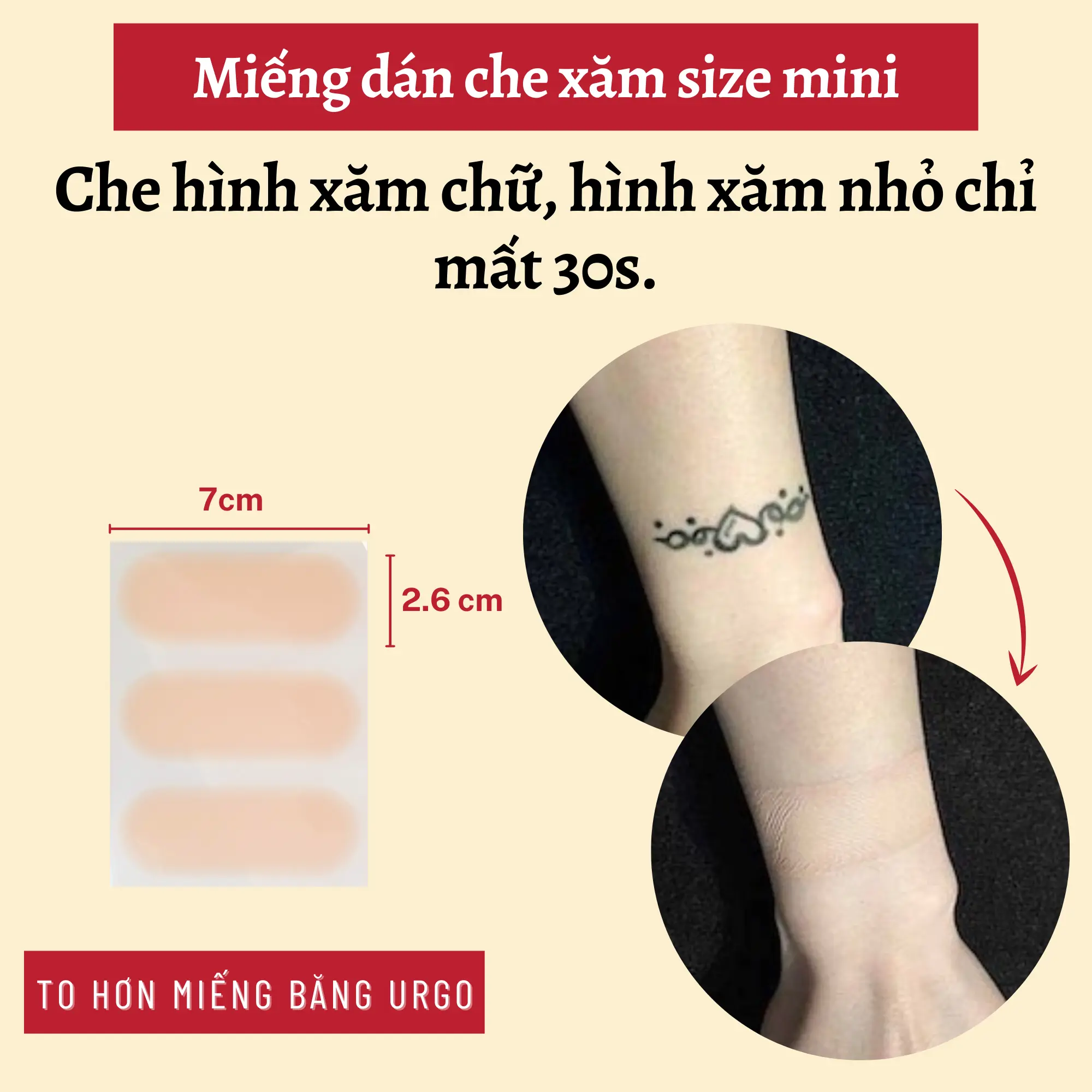 Miếng dán che hình xăm chữ, hình xăm nhỏ, kích thước 2.6x7cm chống nước, để trên da nhiều ngày