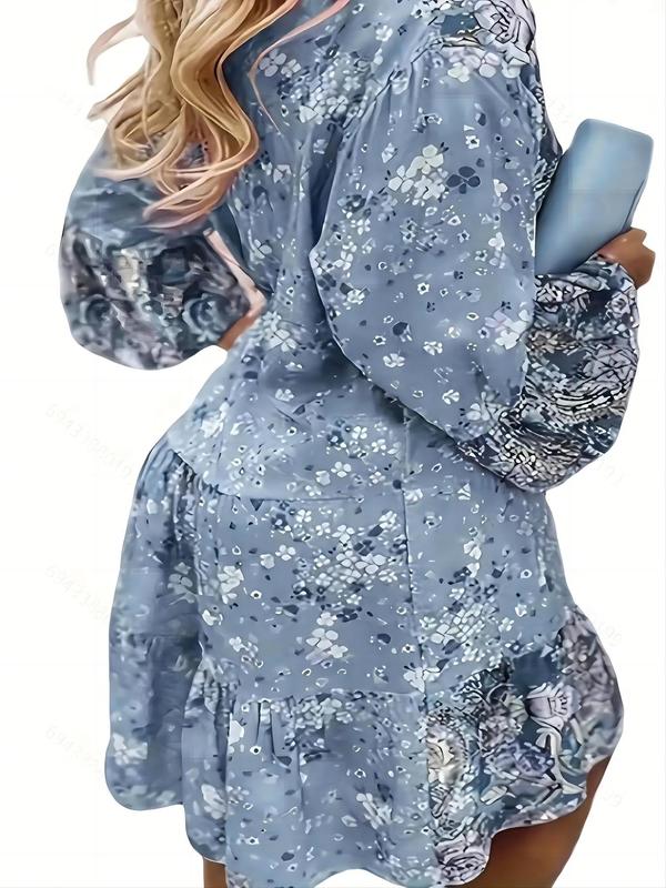 Women's Ditsy Floral Print Patchwork Tiered Layer Smock Dress, Boho Flounce Sleeve   Short Dress for Daily Wear, Ladies Dress for Spring & Fall 1