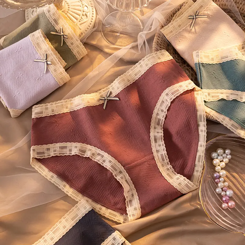 Women'S Cotton Underwear. Large Size. Mid-Rise. Japanese Style. Popular. Lace Trim. Antibacterial Crotch. Triangle.