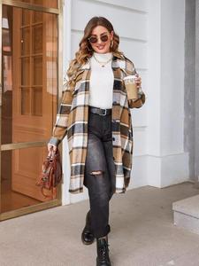【Plus Size】 Tartan Print Button Front Flap Pocket Flannel Coat, Casual Curved Hem Drop Shoulder Collared Outerwear for Fall & Winter, Women's Clothes for Daily Wear,