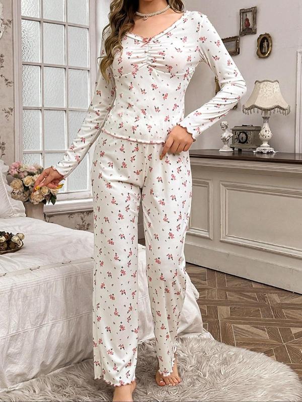 Two-piece Set Women's Ditsy Floral Print Pyjama Set, Comfort Pj Set for Homewear, Casual Comfy Long Sleeve Top & Pants Pajama Set, Women's Sleepwear for All Seasons 2