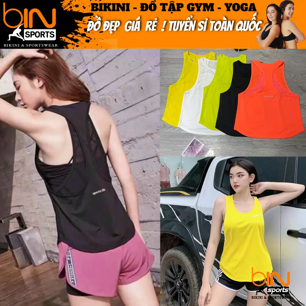 Áo tanktop nữ tập gym yoga aerobic thể thao ba lỗ khoác ngoài phủ bụng chất liệu thun lưới thoáng mát A095 BINSPORTS