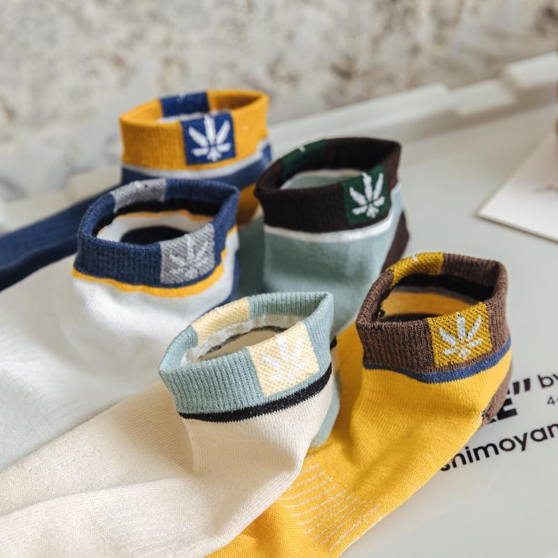 Set 10 đôi tất cổ ngắn unisex thấm hút mồ hôi. vớ co giãn bốn chiều chất liệu cotton hoạ tiết lá phong Thun 3
