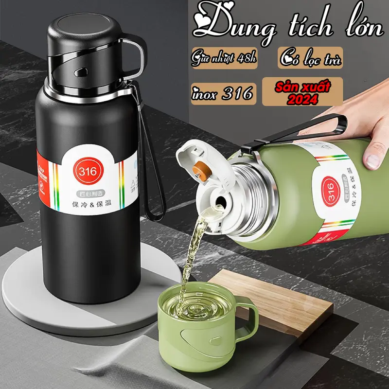 Bình giữ nhiệt inox 316 TAMIDI, bình giữ nhiệt dung tích 600ml-1500ml có nắp làm cốc, tích hợp lưới lọc trà-BTC05 0
