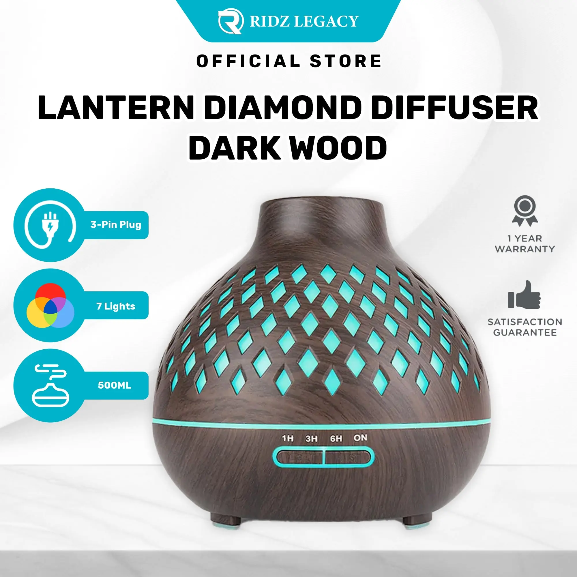 Ridz Lantern Diamond Diffuser Dark Wood 500ML Remote Ultrasonic Air Humidifier Aroma Diffuser Aromatherapy Relax and Calm Long-lasting