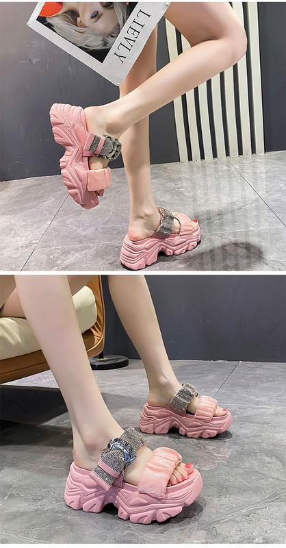 Product Introduction of Pink Slippers Women's Summer Wear Thick Bottom Small Height Increasing Fashion Rhinestone Fairy Style Wedge Platform One-Word Sandals 13
