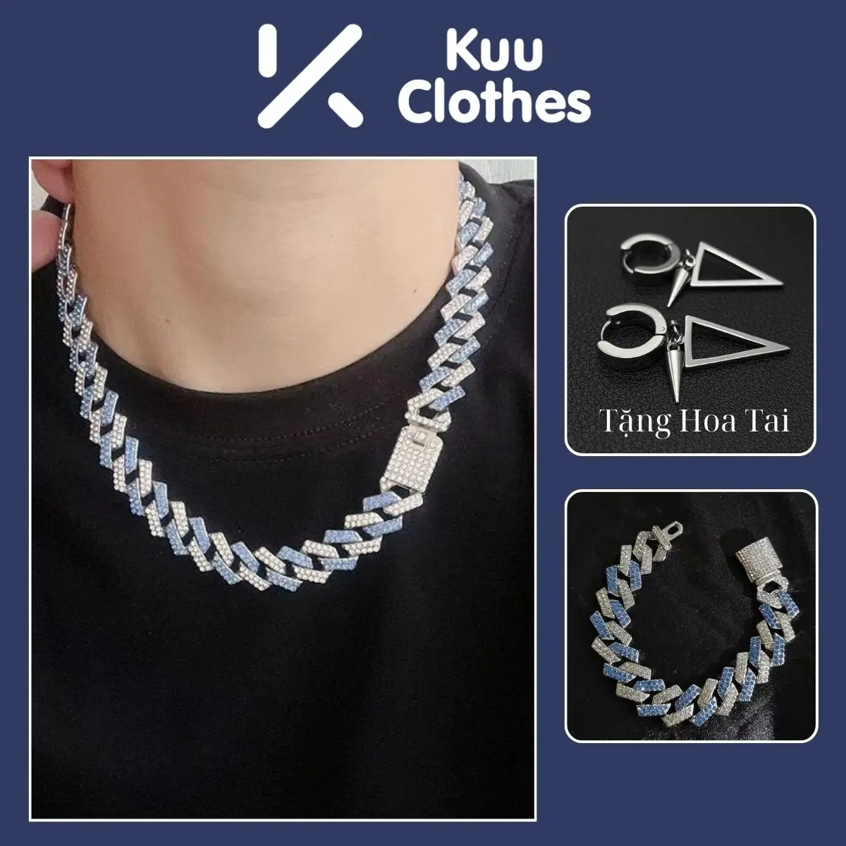 Bộ đôi Dây chuyền vòng tay cuban đính đá nhân tạo Kuu Clothes dạng chuỗi xích màu xanh ngọc Thép Titan Không Gỉ - XAVY Đá