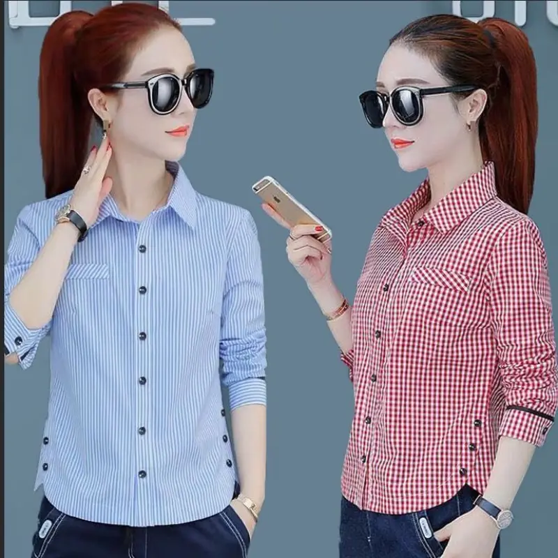 Áo Sơ Mi Sọc, Dáng Ôm, Dài Tay, Phong Cách Hàn Quốc Và Phương Tây, Dành Cho Nữ, Áo Sơ Mi Cơ Sở, Quần Áo Nữ, Hàng Mới Về Mùa Xuân Và Mùa Thu, 2024 0