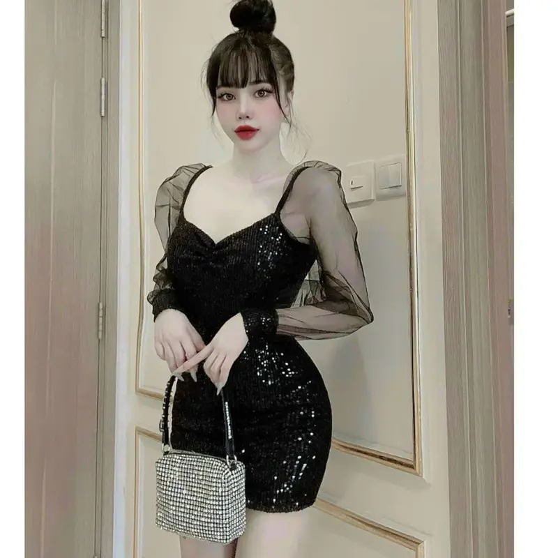 Đầm kim sa phối tay lưới thời trang nữ dự tiệc chất kim sa cổ vuông có mút có lót tay dài váy ôm body Nhung Dress 0