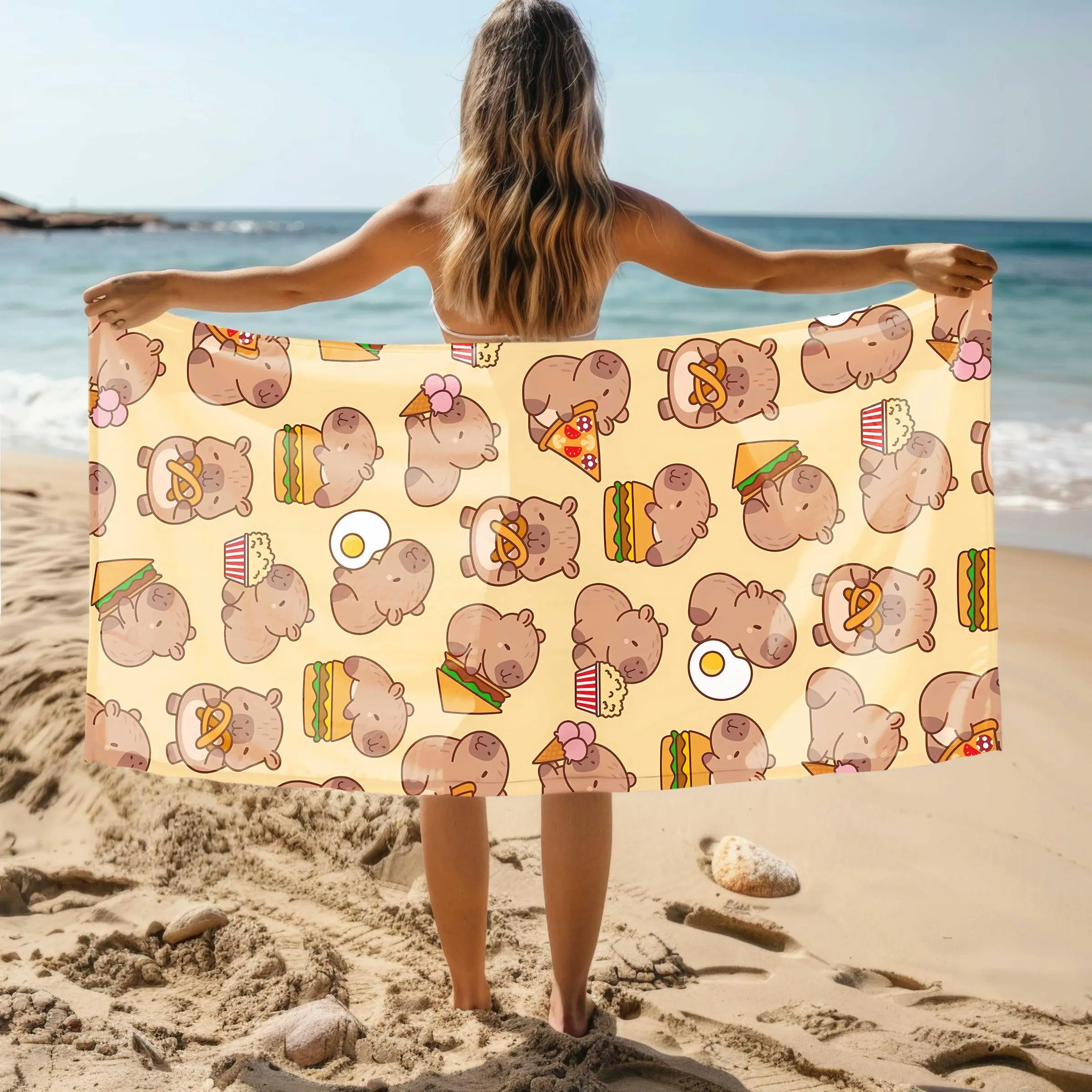 Cartoon Capybara Pattern Beach Towel, Soft Absorbent Towel for Beach Swimming, Quick Drying Towel for Outdoor Travel, Summer Entertainment