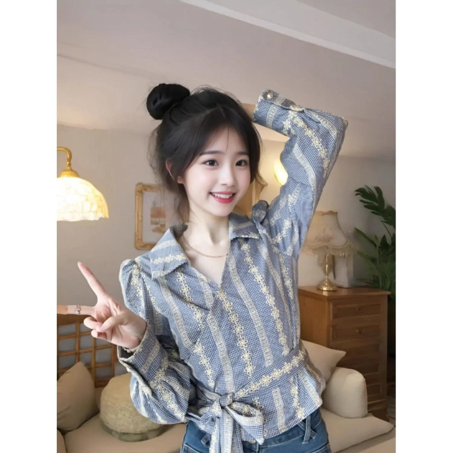Áo Sơ Mi Dài Tay, Phong Cách Cổ Điển Dài Tay Bất Đối Xứng Dành Cho Phụ Nữ, Hàng Mới Về Đầu Mùa Thu, Thiết Kế Đẹp, Áo Sơ Mi Màu Tương Phản Kẻ Sọc Cổ Điển Độc Đáo Thời Trang