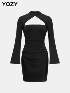 YOZY Women's Plain Cut Out Backless Bodycon Dress, Elegant Mock Neck Flounce Sleeve Short Dress for Party Club Dating Wear, Women's Clothing for Spring & Fall