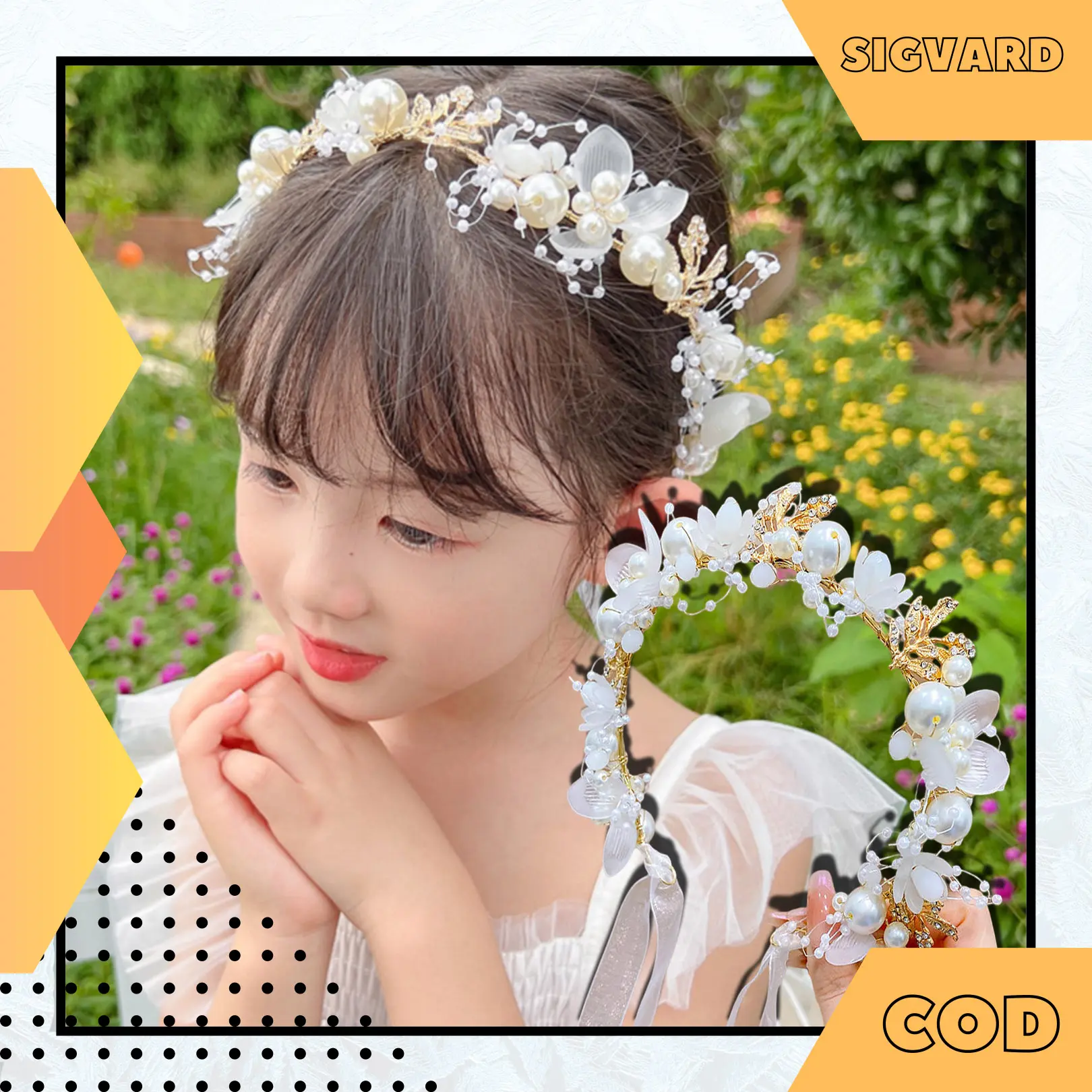 SIGVARDSTORE - Bondu Princess Mahkota Mutiara Kain Bunga Cantik Bando Korea Wanita Dewasa Anak Perempuan MHT03 Hiasan Plastik Headbands