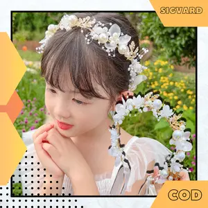 SIGVARDSTORE - Bondu Princess Mahkota Mutiara Kain Bunga Cantik Bando Korea Wanita Dewasa Anak Perempuan MHT03 Hiasan Plastik Headbands
