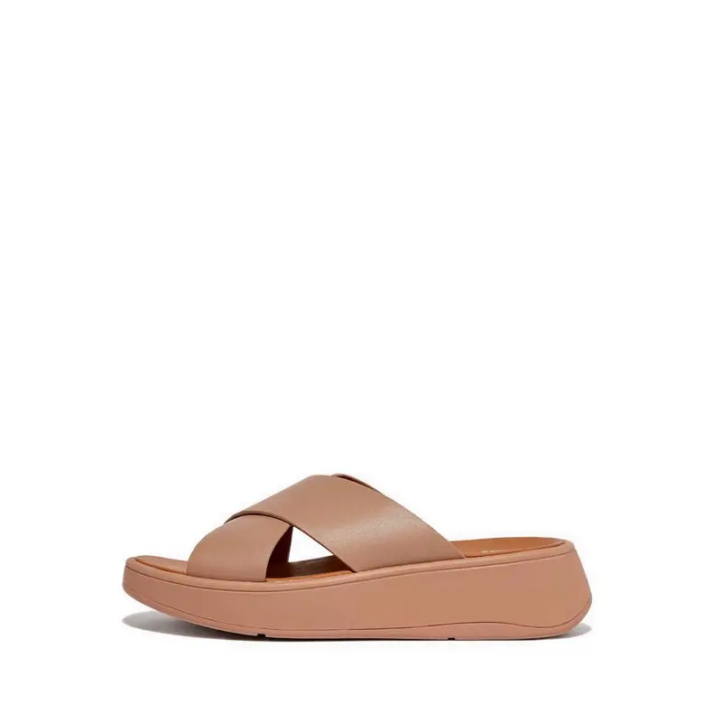 Fitflop F-Mode Leather Flatform Cross Slides - Beige