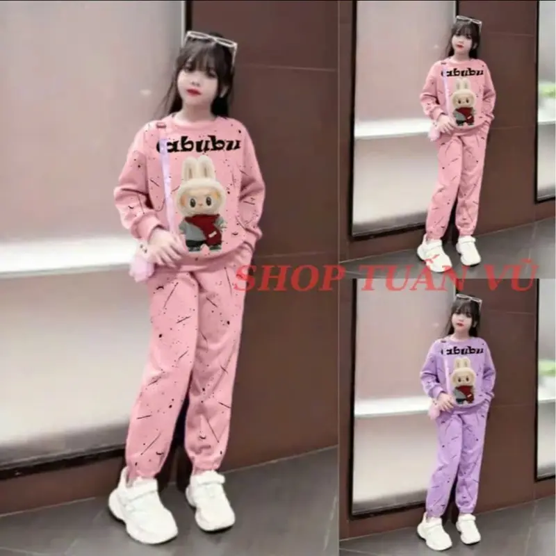 Set bộ đồ, bộ quần áo THU ĐÔNG dành cho bé gái mẫu LABU.BU-IN SON từ 9-45kg chất liệu nỉ bông ấm áp 4