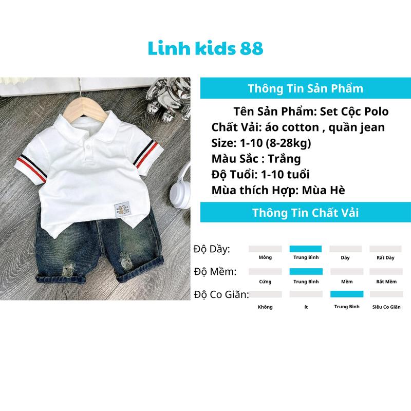 Bộ quần áo cộc Polo kẻ viền và quần jean cho bé trai từ 8-28kg shop llinhkids 88