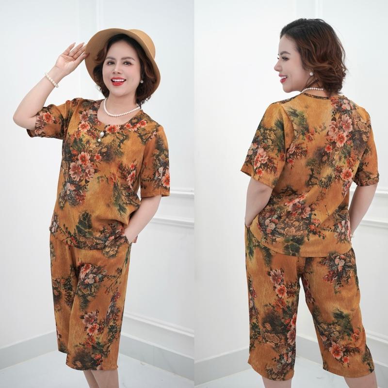 Đồ bộ trung niên, đồ bộ mặc ở nhà cho các bà, các mẹ, áo cổ tròn, quần dài, chất lụa tô châu  CC25 Women Nữ Voi Top