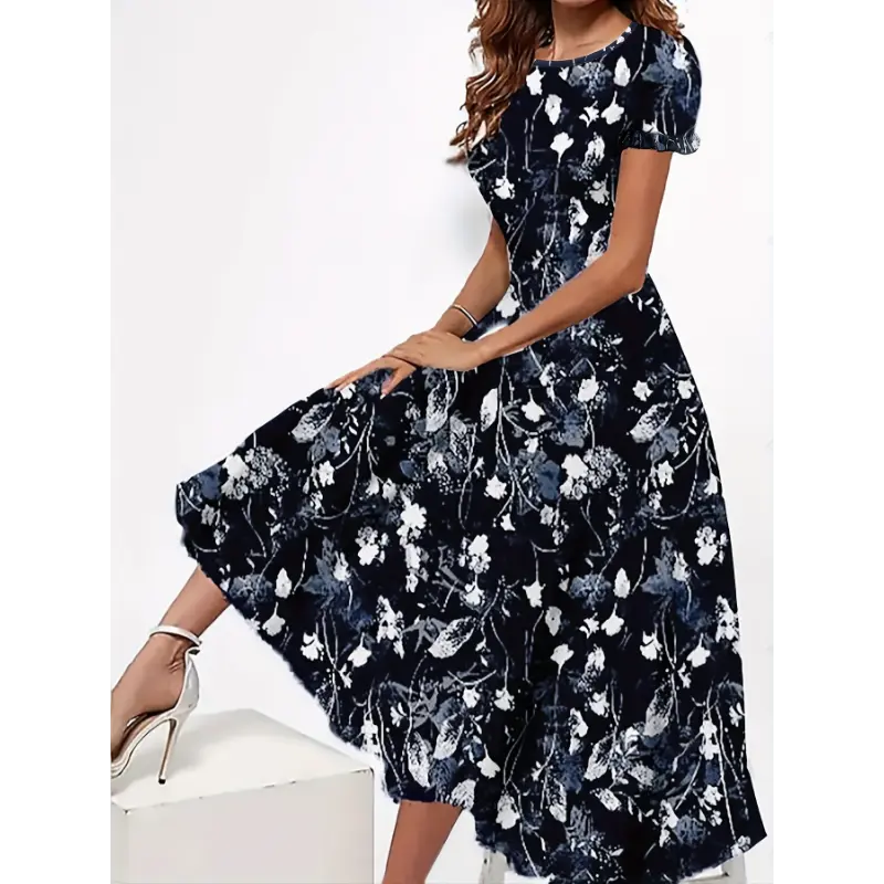 Short Sleeve Floral Print Elegant Crew Neck Dress for Spring & Summer, Women's Clothing Casual Fabric 7