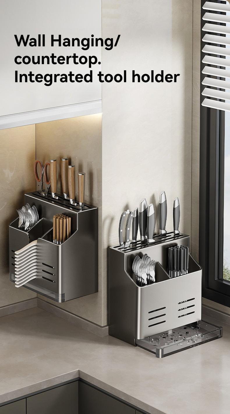 Product Introduction of udmall.sg Multi-functional Chopsticks Knife Spoon Holder Kitchen All-in-One Wall-mounted Storage Organizer Rack Steel Set Utensils Stainless 18