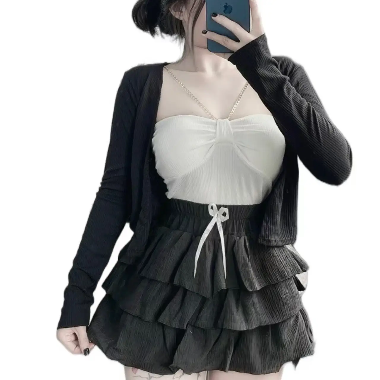 Bộ đồ 3 món tiểu thư, size dưới 60kg, áo cúp ngực dây xích có mút ngực, chân váy tầng có quần co giãn đàn hồi và áo khoác thun gân - Khuy, Dress