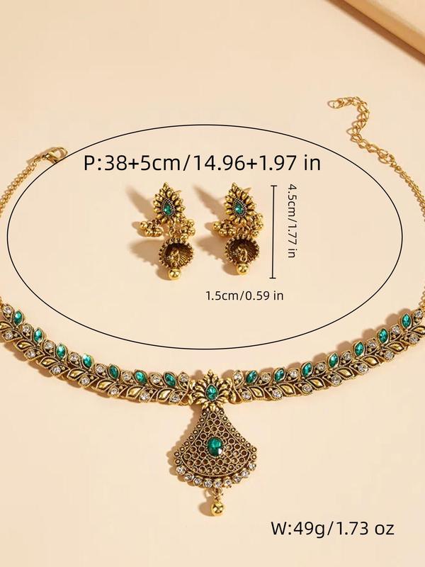 Women's Elegant Boho Style Jewelry Set, Exquisite Trendy Rhinestone Decorated Pendant Necklace & Dangle Earrings, Chic Jewelry Set for Party Decoration 1