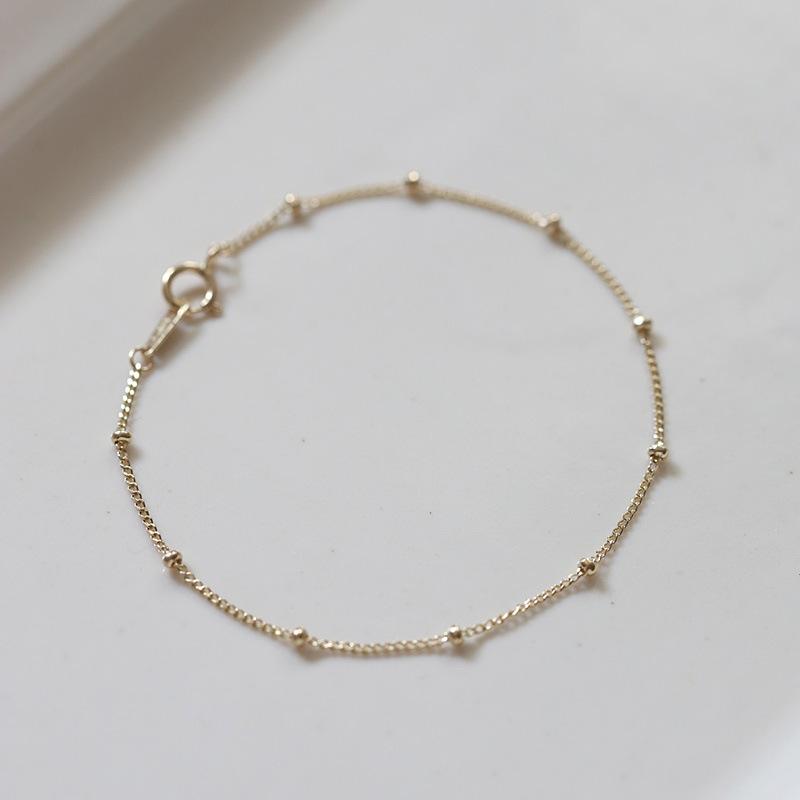 925 Sterling Silver Plated 14K Gold Bracelet Doudou Spacer Beads Ball Pure Necklace Simple Light Luxury Japanese and Korean All-Match Fine Plain Bracelet 4
