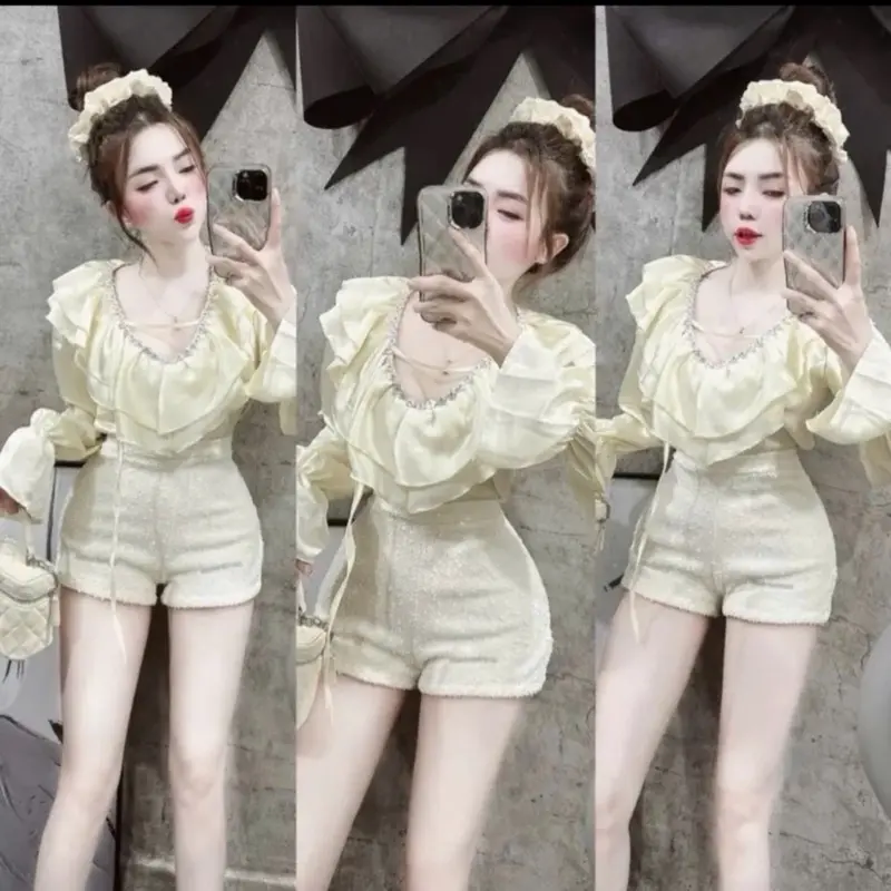 Bộ đồ SÉT áo phi lụa cổ bèo khâu đá tay dài mix quần Short đính đá dành cho nữ - Women, Top