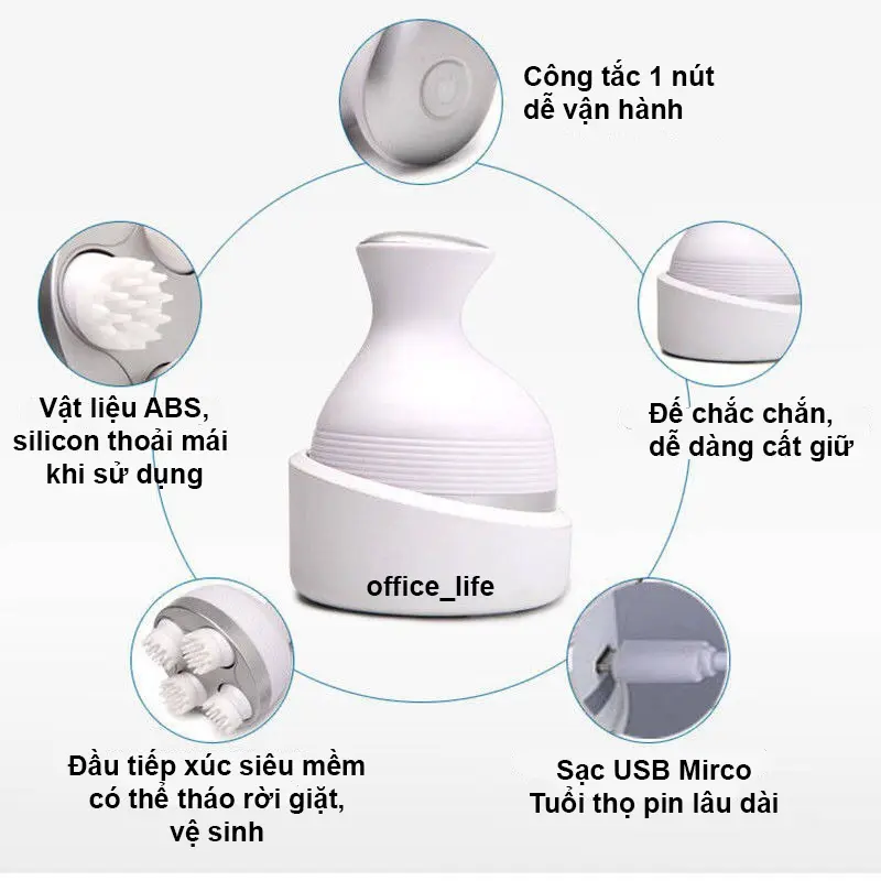 Máy massage đầu dưỡng sinh 3 chế độ, Máy mát xa cầm tay 4 đầu xoay 360 độ, Máy massage đầu mini có kèm dây sạc 5