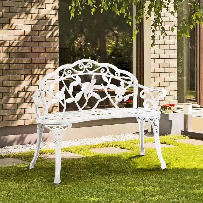 Garden Bench Outdoor Loveseat Metal Bench Outdoor Patio Furniture Seat with Rose Design, for Porch/Lawn/Yard, White 1