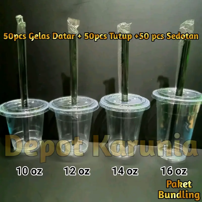 Paket 50cs Gelas Cup Plastik Datar + 50pcs Tutup + 50pcs Sedotan 1