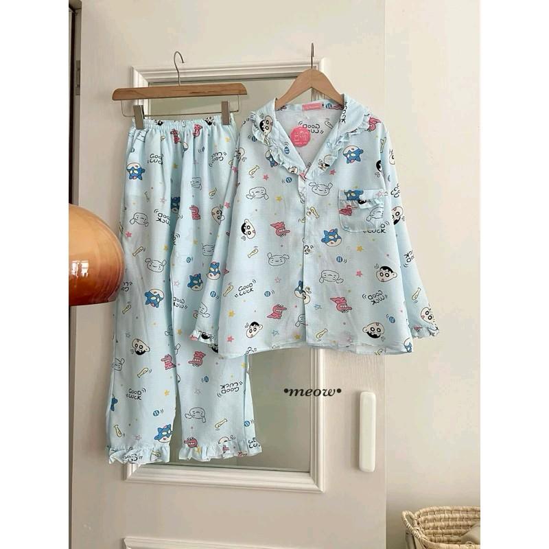 Đồ Mặc Nhà, Bộ Ngủ Nữ, Pijama Tay Dài Chất Liệu Đũi Xốp Hàn Freesize 6