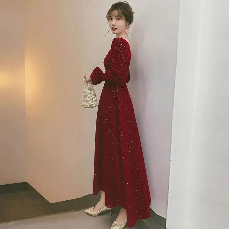 Bộ Đồ Ăn, Hàng Mới Về Mùa Thu Và Mùa Đông, Dài Và Thanh Lịch, Cổ Vuông, Váy Màu Đỏ Rượu Vang, Eo Bó Sát, Thích Hợp Mặc Hàng Ngày, Phong Cách Thanh Lịch 3