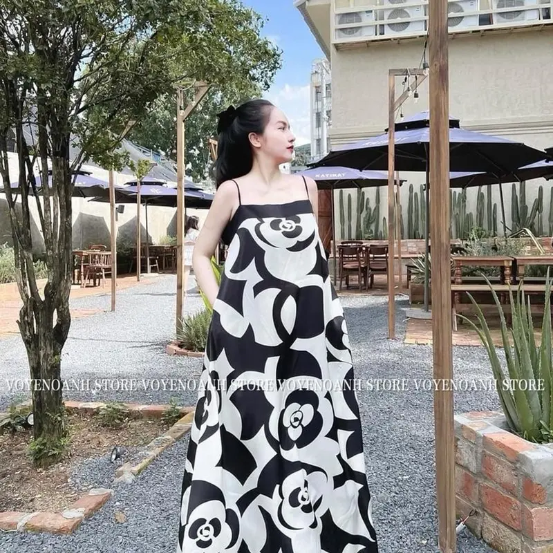 Đầm Yếm Maxi Đi Biển Dáng Suông Dài Hoạ Tiết Hoa Trà Siêu Hot - Chất liệu Mát Thoáng 2