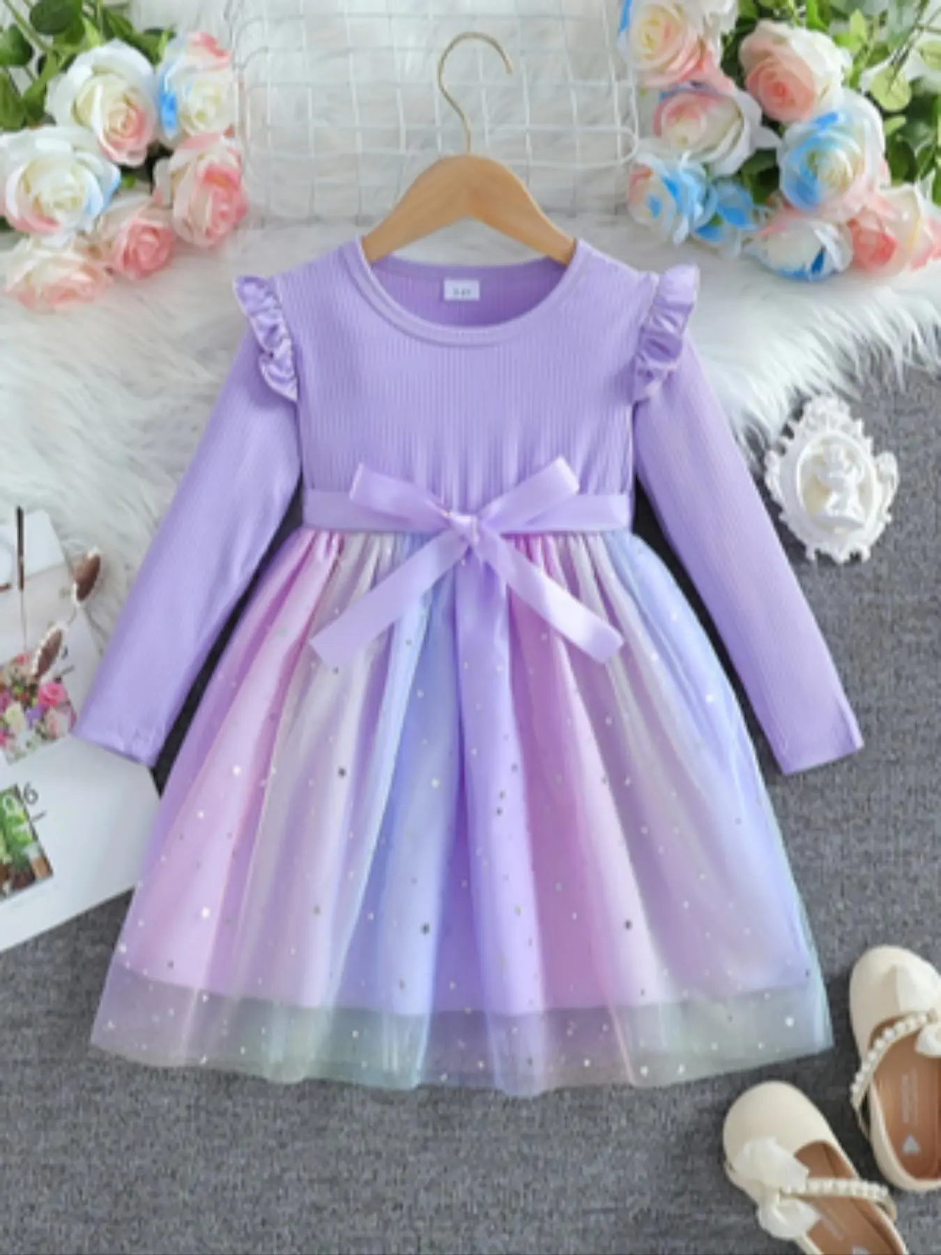 Girl's Ombre Glitter Sequins Dress, Elegant Long Sleeve Round Neck Dress for Party Wedding Guest, Kids Clothes for All Seasons