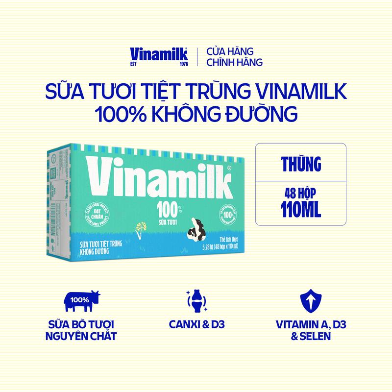 Thùng 48 Hộp Sữa tươi tiệt trùng Vinamilk 100% Không Đường 110ml