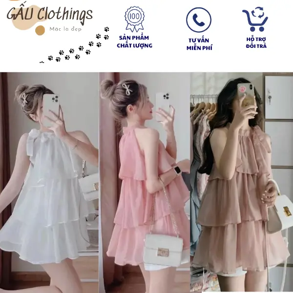 Áo voan tơ 3 tầng cổ yếm thắt nơ dáng babydoll xinh xắn (CHỈ ÁO)  Women Nữ Áo kiểu